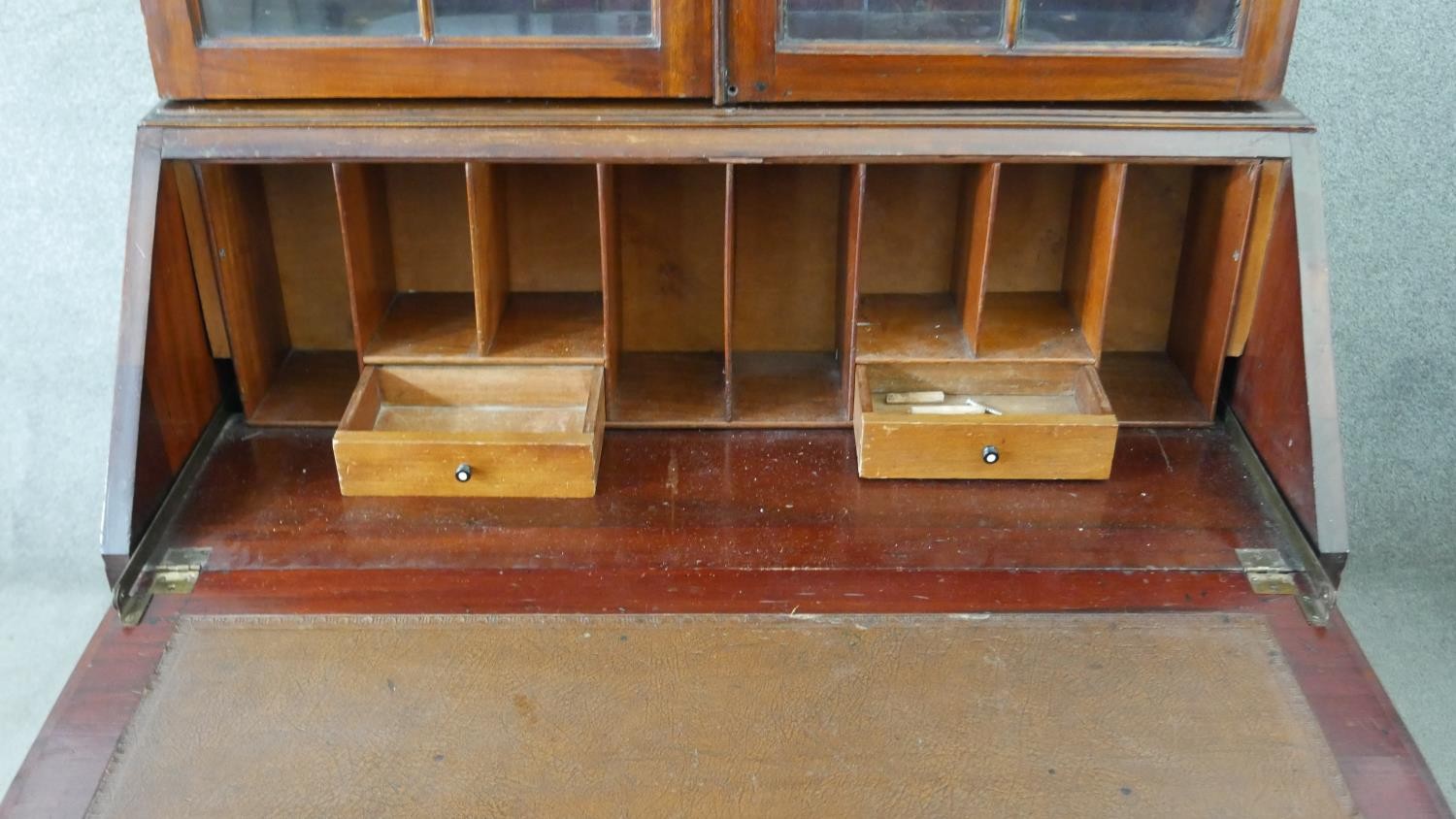 An Edwardian mahogany bureau bookcase, with two glazed doors enclosing shelves, over a quarter - Image 6 of 8