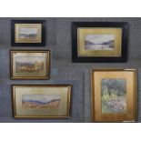 A collection of five 19th century watercolors, three of landscapes , one of a herbaceous border