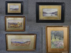 A collection of five 19th century watercolors, three of landscapes , one of a herbaceous border