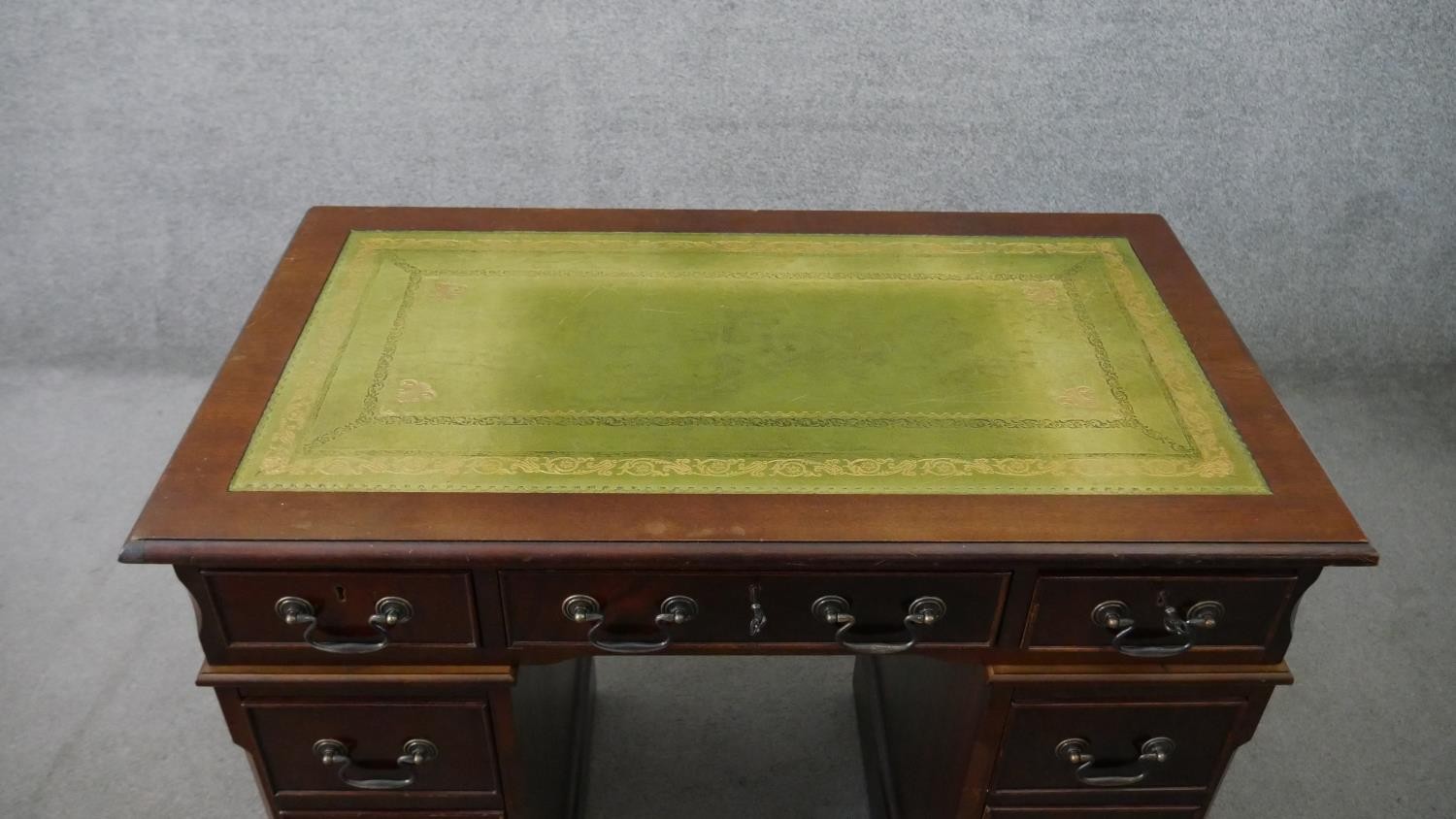 A 19th century style mahogany pedestal desk, of small proportions, with a tooled green leather - Image 2 of 8