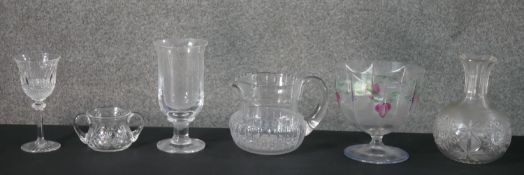 A collection of glass, including a St Louis cristal wine glass, stamped to base, a hand painted