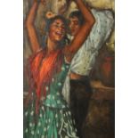 A gilt framed oil on canvas of a pair of Flamenco dancers, indistinctly signed. H.86 W.75cm.