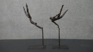 Jill Tweed, British, 1931, two bronze figures of acrobats on rectangular bases, label to base.