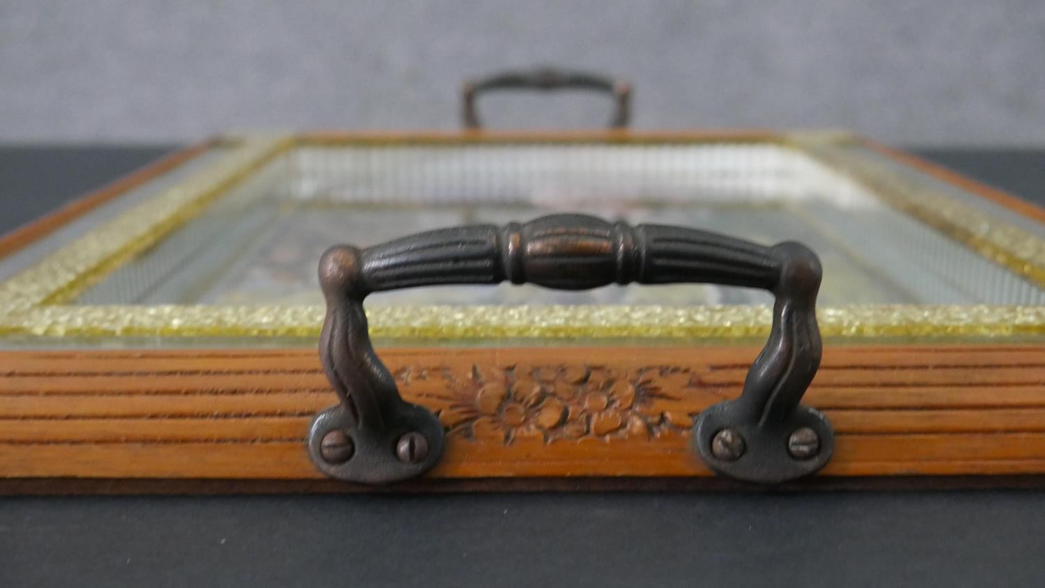 An Art Deco mirrored tray with carved floral border, mirrored yellow glass block work and a transfer - Image 7 of 7