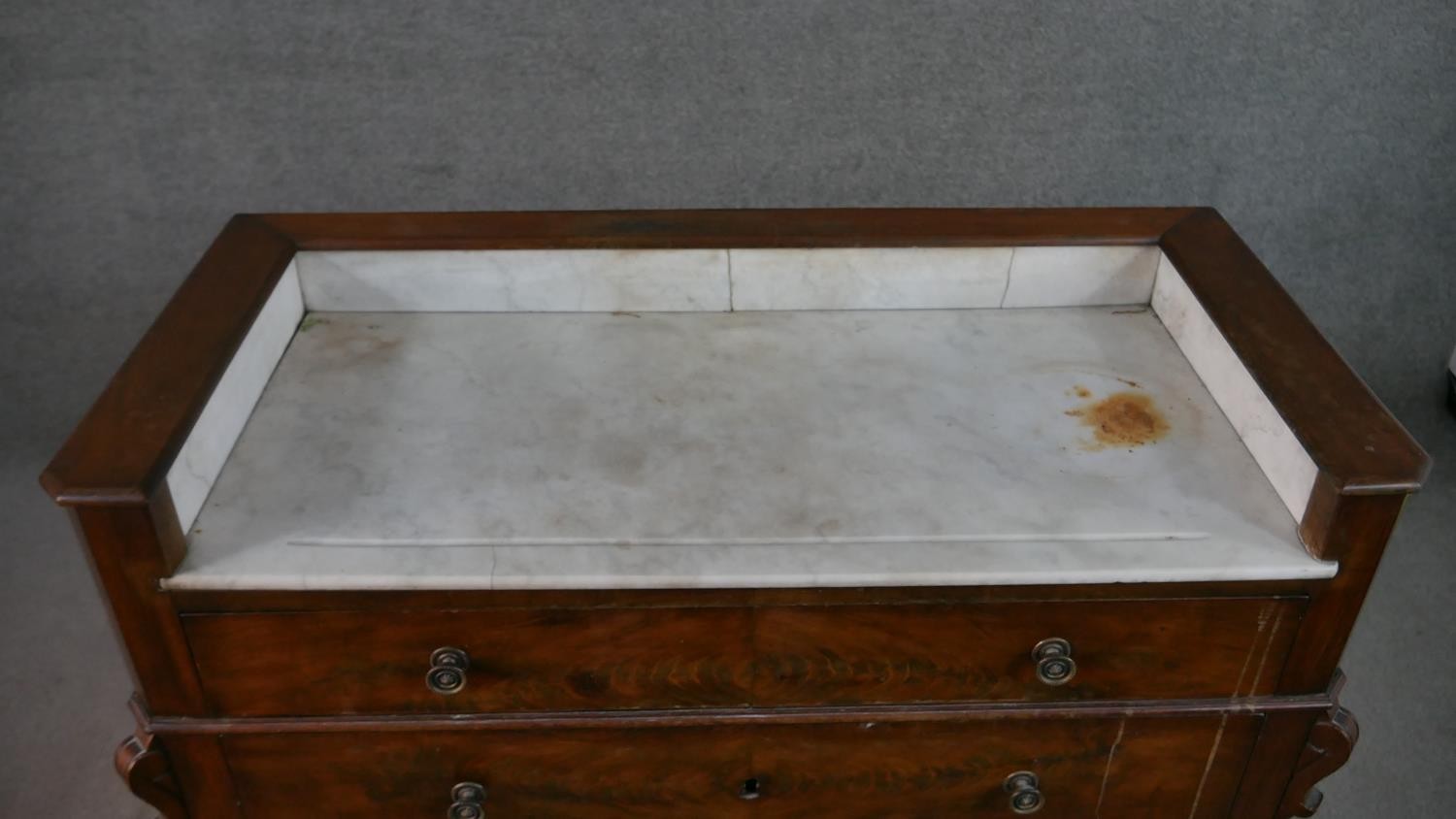 A Victorian flame mahogany dressing chest, with a white marble washstand top, over four long - Image 5 of 9