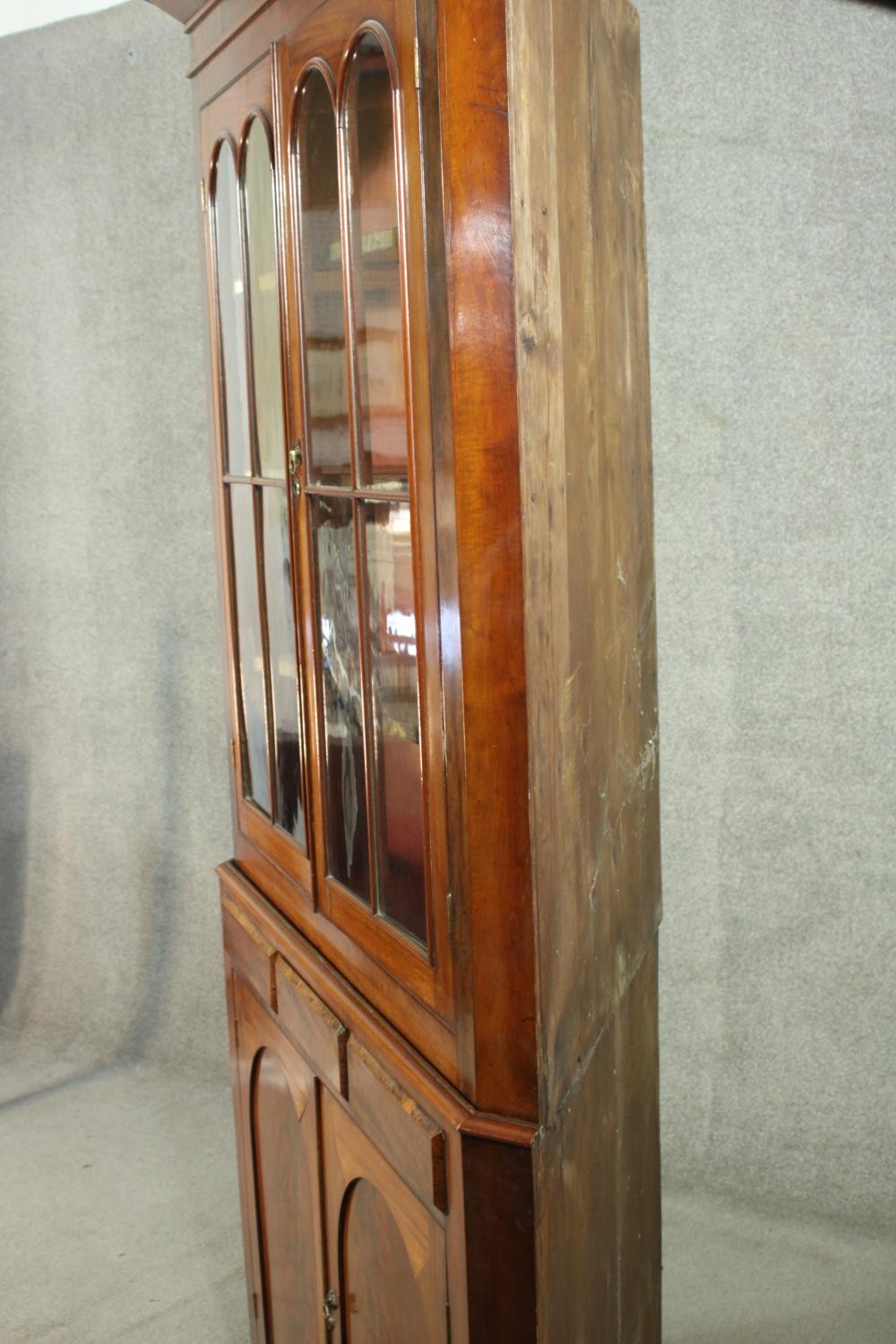 A George III mahogany corner display cabinet, with two glazed doors, over three short drawers, above - Image 8 of 10