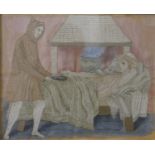 A framed and glazed 19th century silk embroidery of Jacob tending to Esau in bed, featuring knot