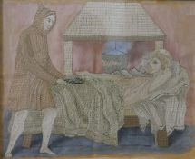 A framed and glazed 19th century silk embroidery of Jacob tending to Esau in bed, featuring knot