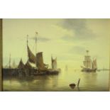 A carved gilt framed 19th century Dutch oil on board of sailing boats in the harbour. Signed B.