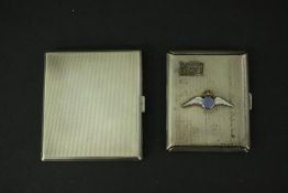 Two vintage silver cigarette cases. One with an enamel Sweetheart RAF badge and one with an engraved