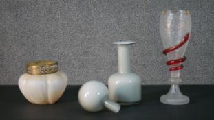 A collection of mixed glass, including a 19th century crackle glass goblet with red and gold snake