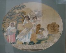 After Henry Bunbury `Harvest time`, 19th century Italian silk embroidery with watercolour, label