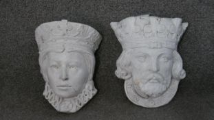 Two white painted concrete wall planters in the form of a medieval King and Queen. H.20 W.22cm (