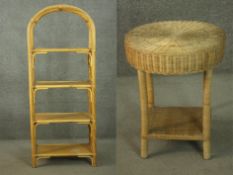 A 20th century Lloyd Loom wicker table, of circular form with a square undertier, together with a