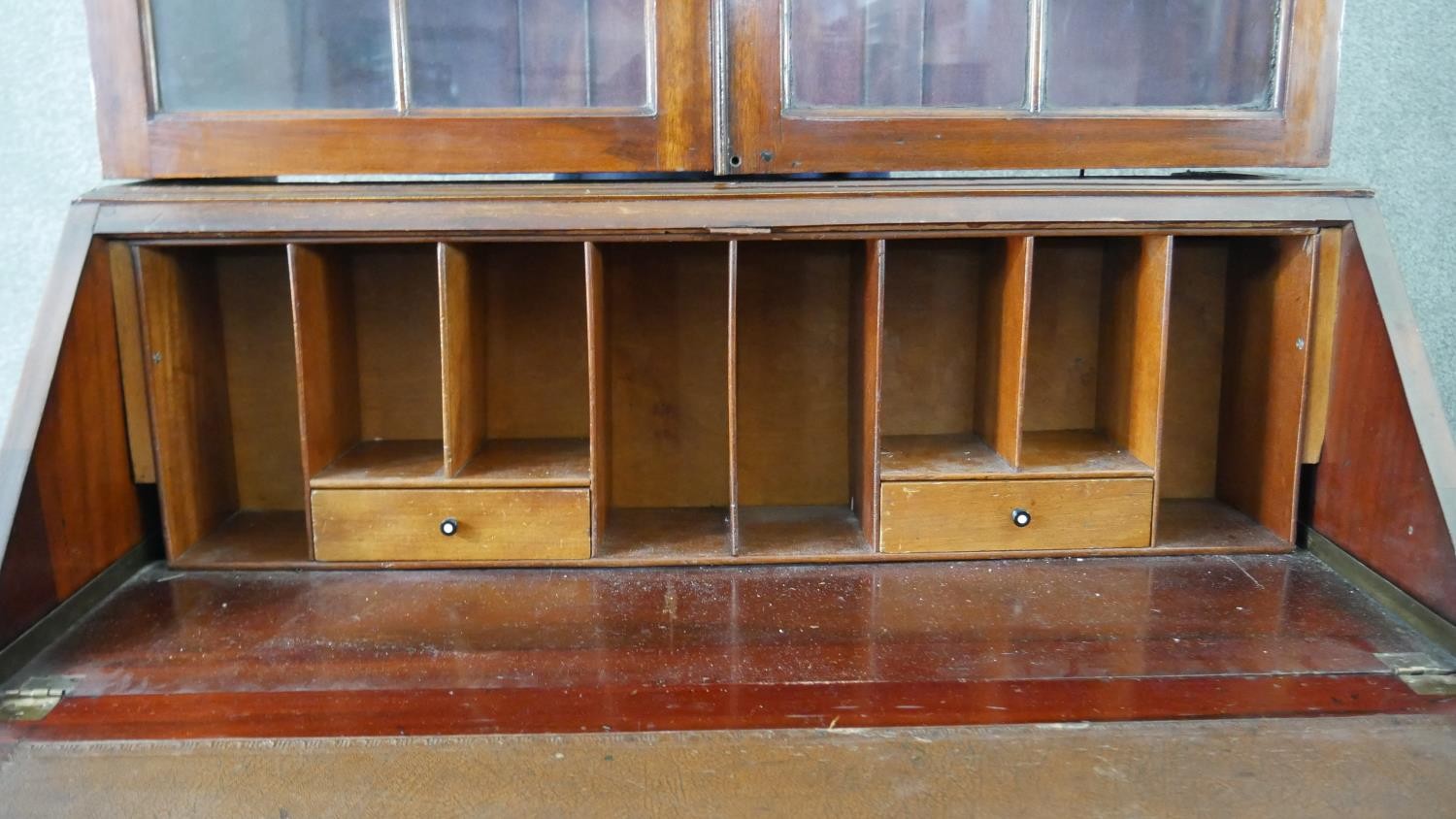 An Edwardian mahogany bureau bookcase, with two glazed doors enclosing shelves, over a quarter - Image 5 of 8