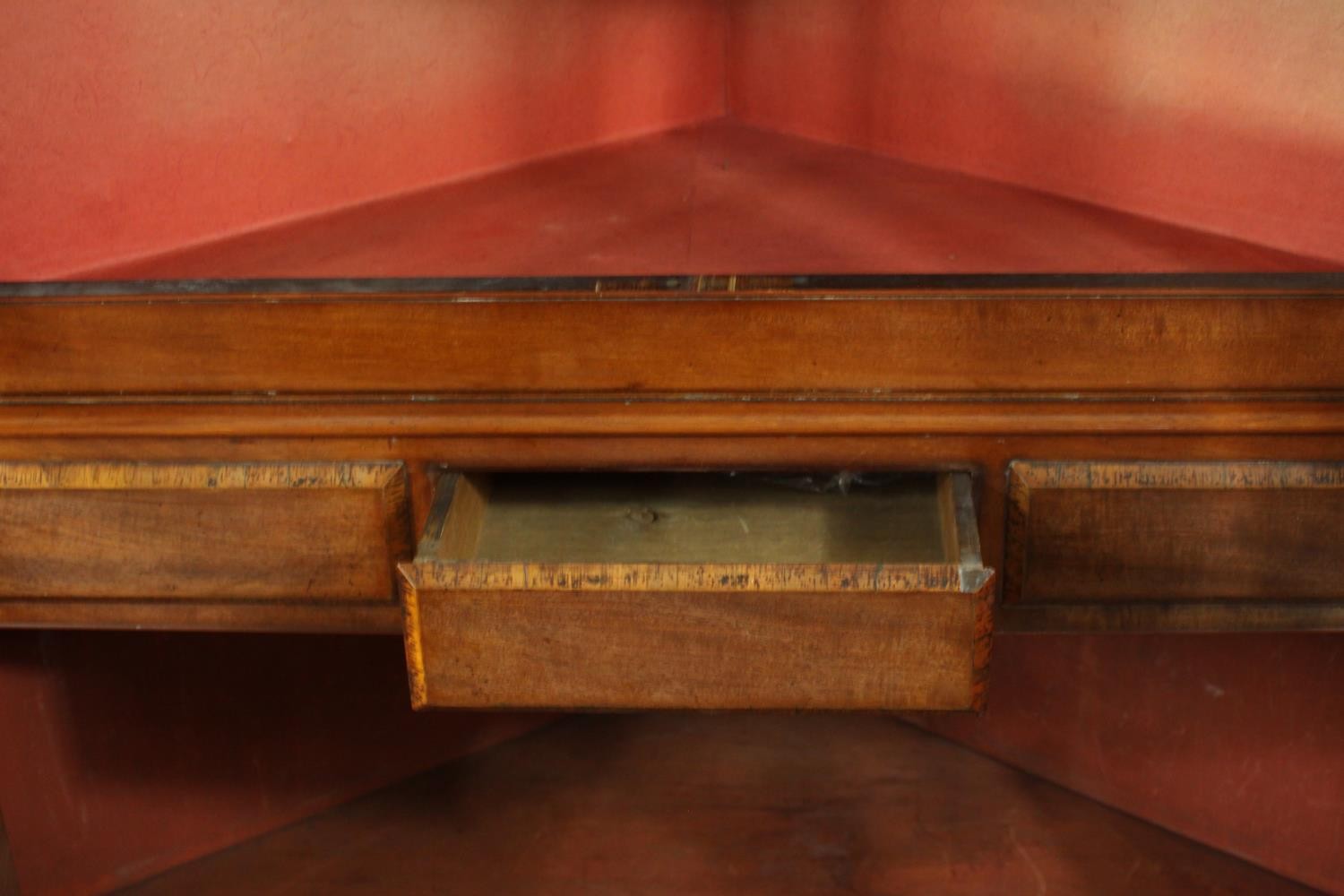 A George III mahogany corner display cabinet, with two glazed doors, over three short drawers, above - Image 6 of 10