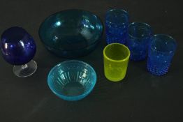 A Collection of coloured glass, including a vaseline art glass tumbler, a turquoise glass fruit bowl