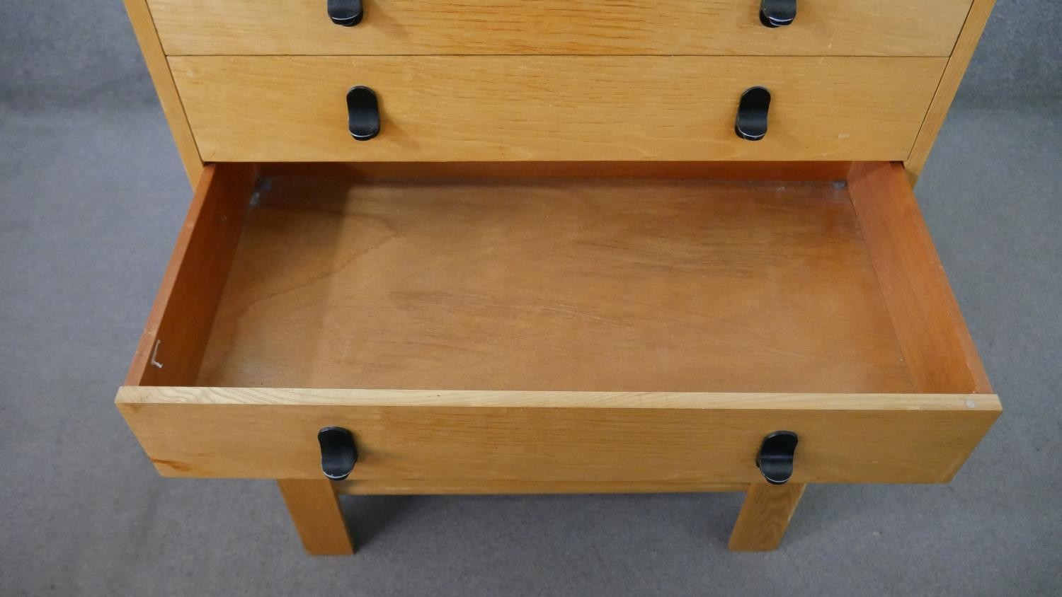 A 20th century ash chest on stand, with three long drawers over bracket legs, joined by an - Image 4 of 5