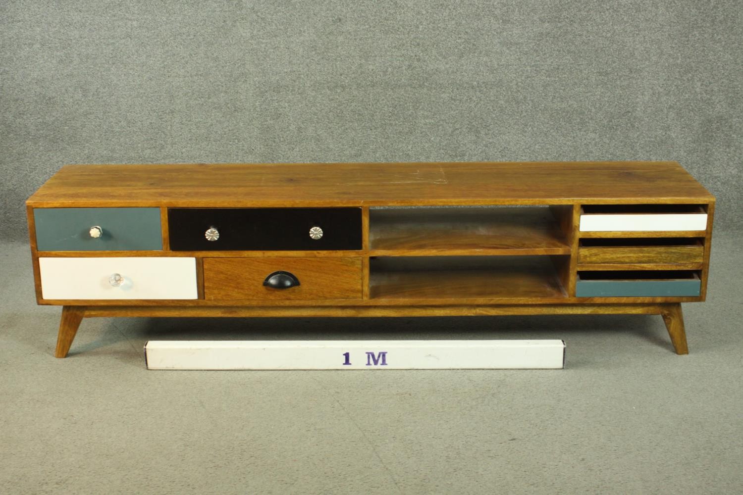 A contemporary mango wood sideboard or media cabinet, with an arrangement of seven drawers, some - Image 2 of 12