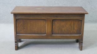 An 18th century style oak coffer, of small proportions, with a hinged lid, over a double panel