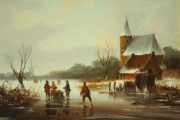 A carved gilt framed 19th century oil on board of a river skating scene. Signed J. Stark. H.24 W.