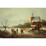 A carved gilt framed 19th century oil on board of a river skating scene. Signed J. Stark. H.24 W.