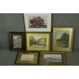 Six framed and glazed watercolours of landscapes and a still life, signed Tom Smith. Some
