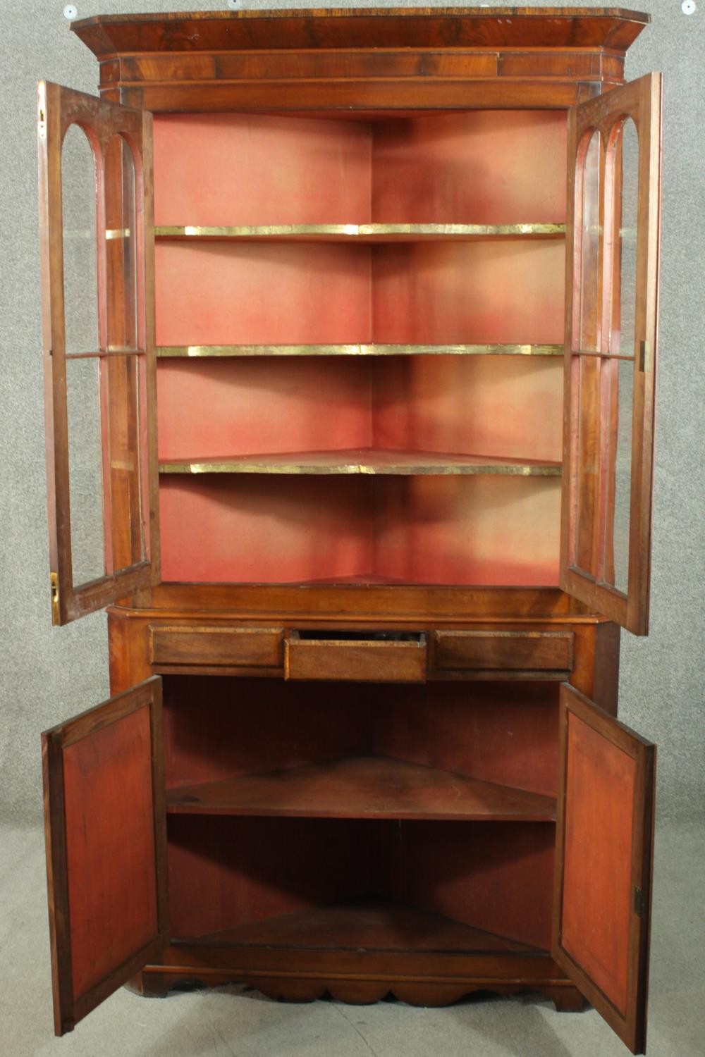 A George III mahogany corner display cabinet, with two glazed doors, over three short drawers, above - Image 3 of 10
