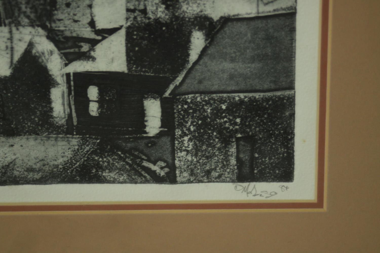 A framed and glazed etching, abstract architectural study, indistinctly signed. H.54 W.49cm. - Image 4 of 7