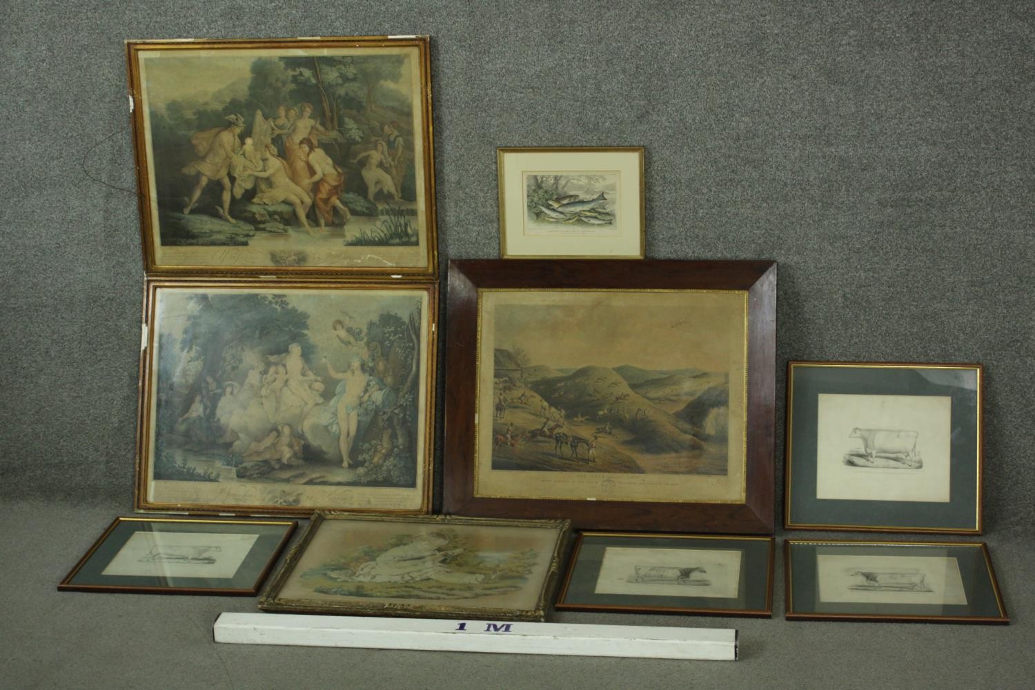 A collection of nine 19th century hand painted engravings of various subjects, including cows and - Image 2 of 11