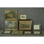 A collection of nine 19th century hand painted engravings of various subjects, including cows and