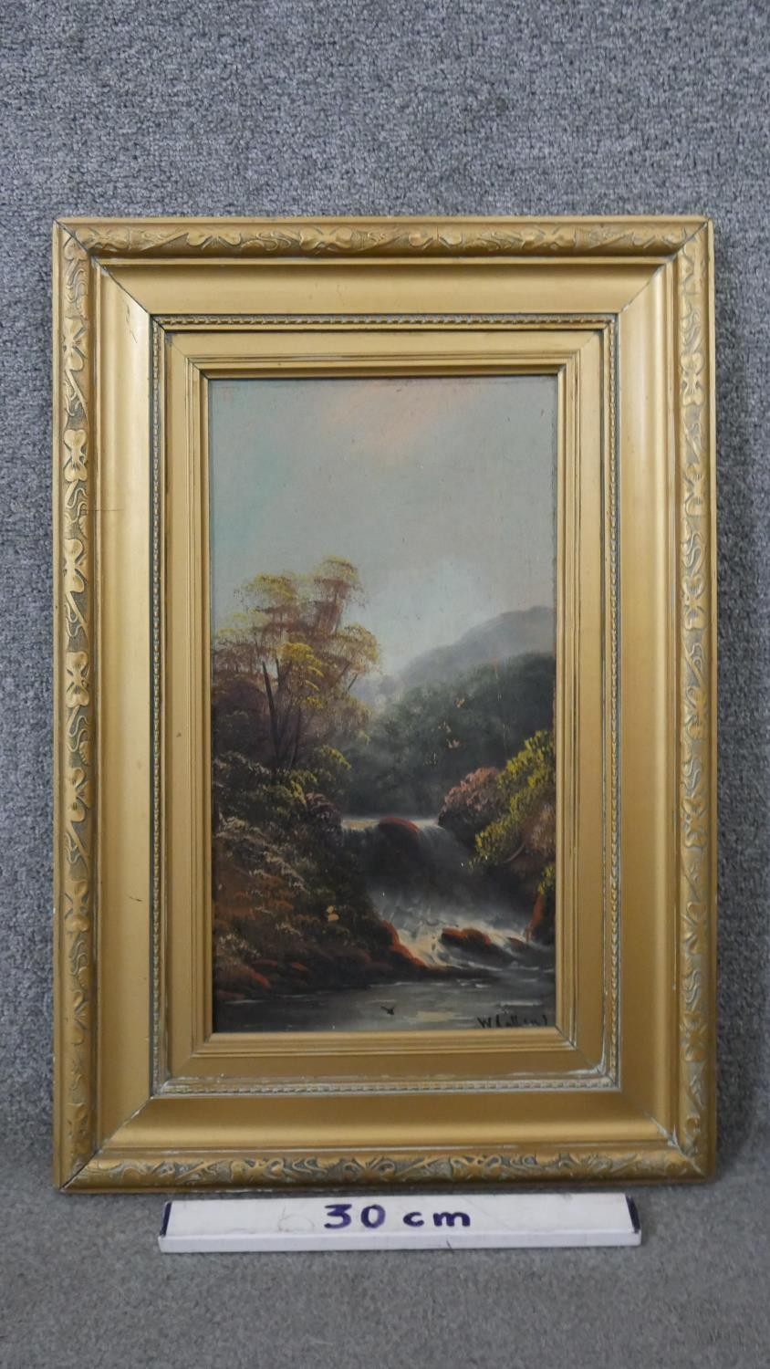 A gilt framed oil on panel of a river landscape, indistinctly signed. H.64 W.44cm - Image 3 of 5