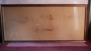 A framed and glazed pencil on paper work titled 'Enterprise', showing a cross section of the