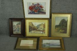 Six framed and glazed watercolours of landscapes and a still life, signed Tom Smith. Some