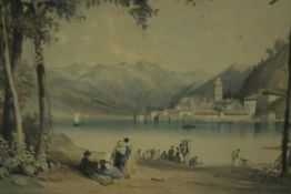 A framed and glazed hand coloured engraving of Lake Bellagio, monogrammed in plate J.H.B. H.47 W.