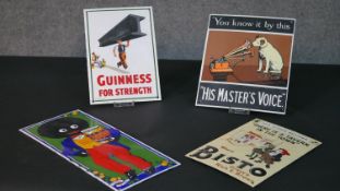 Four vintage style enamel advertising plaques, including Guinness, His Masters Voice and others. H.