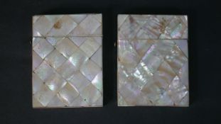 Two Victorian card cases inlaid with mother of pearl mosaic tiles. H.10 W.7.5 W.1.5cm