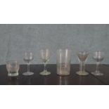 A collection of six 19th century hand blown glasses, including a Georgian toast masters glass and