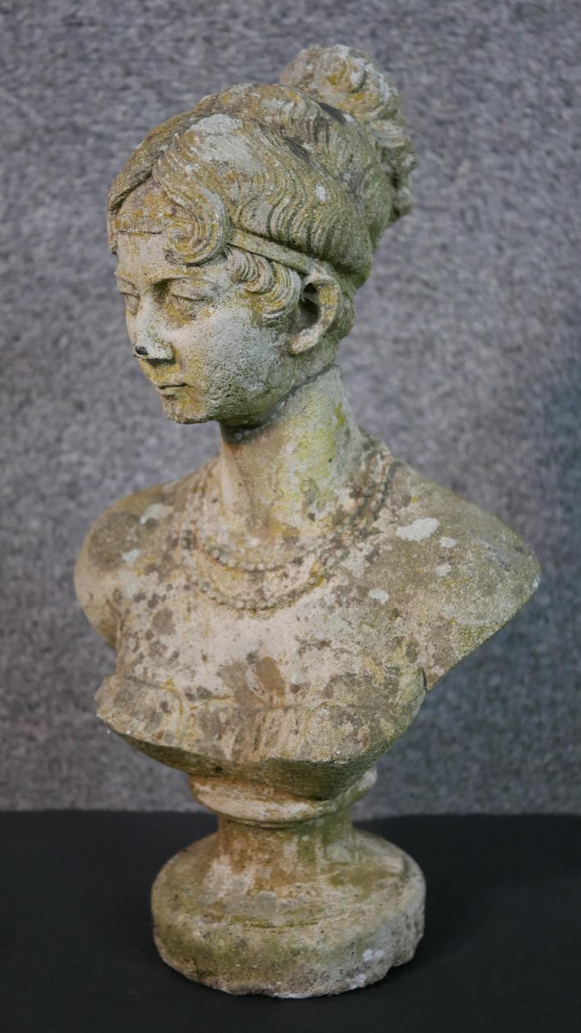 A composite bust of a young female with her hair up on a pedestal base. (head repaired) H.35 W.20cm - Image 4 of 8