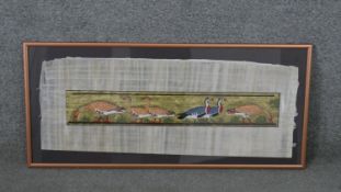 A framed and glazed Egyptian painting on papyrus depicting Egyptian geese on a gold background. H.37