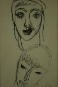 Edward Wolfe, South African (1897 - 1981), pen and ink drawing, two female heads, signed. H.32 W.