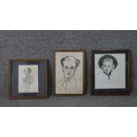 Three framed and glazed portraits, one caricature in pen, monogrammed, a pastel and watercolour of a