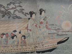 A framed and glazed 19th century Japanese woodblock print of Geishas on a boat. H.54 W.63cm