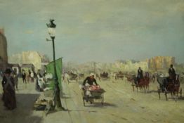 A gilt framed Impressionist style oil on canvas, busy street scene, indistinctly signed. H.38 W.
