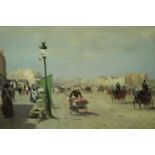 A gilt framed Impressionist style oil on canvas, busy street scene, indistinctly signed. H.38 W.