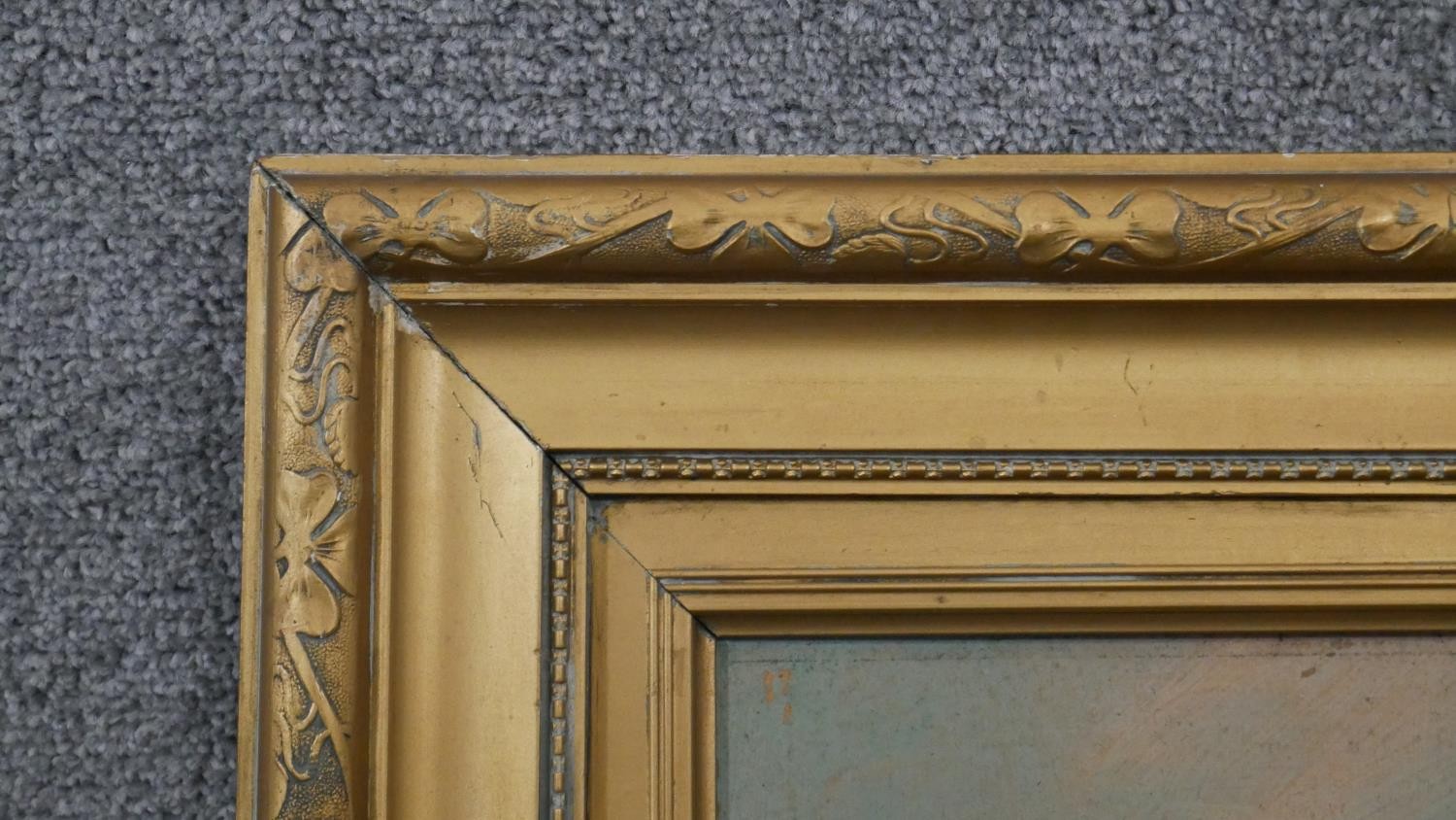 A gilt framed oil on panel of a river landscape, indistinctly signed. H.64 W.44cm - Image 5 of 5