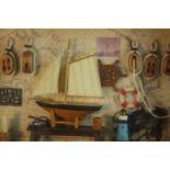 Two late 20th century sailing themed dioramas, one with a model of a pond yacht and one with a