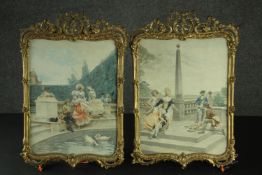 Two pierced and gilt gesso framed 19th century hand coloured engravings of figures in a garden,