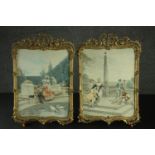 Two pierced and gilt gesso framed 19th century hand coloured engravings of figures in a garden,