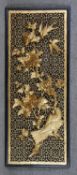 A Chinese carved, pierced and gilded decorative panel depicting a hawk and chrysanthemums. H.41 W.